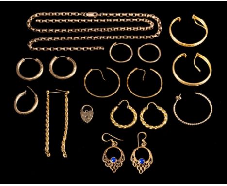 A group of jewellery,: to include various gold coloured hoop earrings; a pair of blue enamel set earrings; a broken belcher l