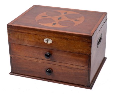 A 19th Century inlaid specimen wood tea caddy: of rectangular outline, the hinged lid enclosing three lidded compartments wit