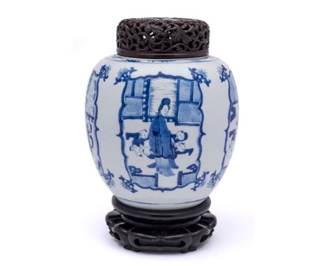 A Chinese blue and white 'Sixteen Sons' ovoid jar: painted with four lotus-tied cusped panels each depicting a female figure 