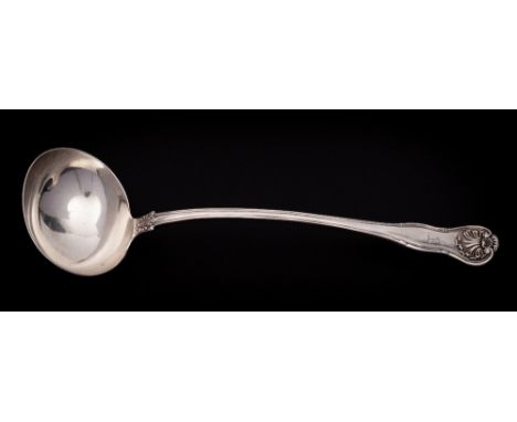A Victorian silver Fiddle Thread and Shell pattern soup ladle, maker John &amp; Henry Lias, London, 1843: crested, 33cm long,