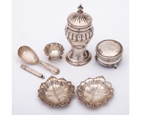 A mixed collection of silver, various makers and dates: includes a sugar caster, two leaf dishes, caddy spoon, trinket box, s