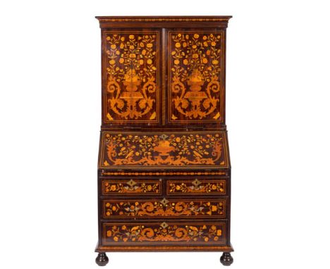 A late 18th Century rosewood and floral marquetry bureau cabinet:, decorated with birds amidst urns of flowering foliage and 