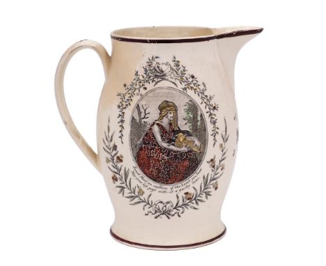 A Liverpool creamware baluster jug: transfer printed and enamelled with a ship portrait, the reverse with an oval medallion o