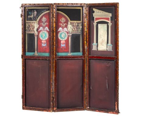 A painted canvas and leather studded three fold screen:, each canvas panel painted in the Romanesque manner with cameo portra