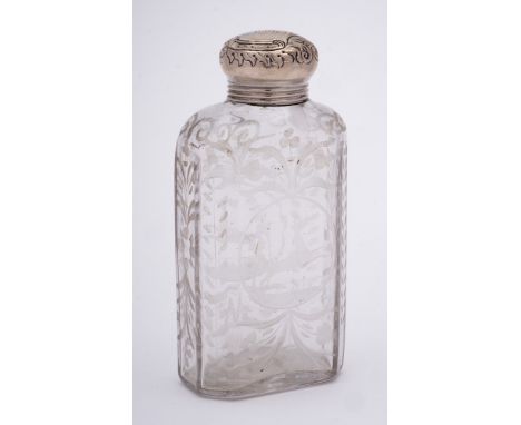 A 19th century Continental clear glass and silver mounted flask: of rectangular outline with canted corners, with etched deco