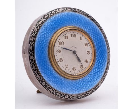 A George V silver and blue enamel easel boudoir timepiece, maker Henry Matthews, Birmingham,1926: of circular outline, with 4