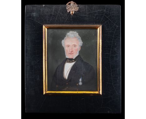 English School late 19th Century-A miniature portrait of a gentleman,:- bust-length with brown eyes, ruddy completion, grey w