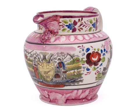 A large Sunderland pink lustre creamware jug: transfer printed and enamelled with the 'Sailor's Farewell', the 'Farmer's Arms