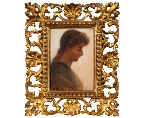 English School Circa 1900 -Portrait of a young woman, head and shoulders,:-oil on board, 13 x 9.5cm,in a Florentine carved gi