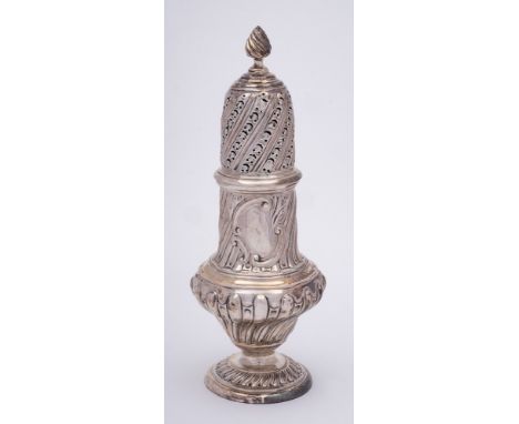 An Edward VII silver sugar caster, maker Thomas Bradbury & Sons, London, 1905: of baluster form, the domed cover with flame f