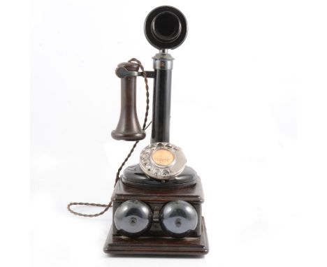 Vintage candlestick telephone, GPO 150, bakelite ear horn, 31cm high, with stained wood desk bell box.