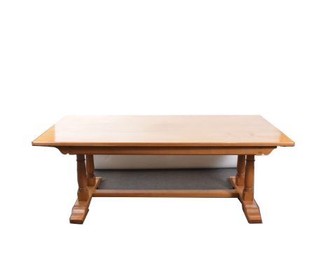 Light oak kitchen table, rectangular top on four turned columns, the top 213x103cm, height 75cm, and a pair of beech wheel ba