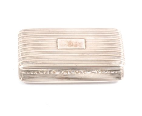 A silver snuff box, Nathaniel Mills, Birmingham 1843, rectangular form, straight line banding, scroll thumb piece, gilded int
