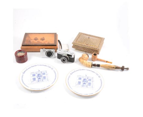 An inlaid jewel box, lake scene with Tunbridge ware border, mosaic lidded box, large carved pipe of masked gentleman with clo