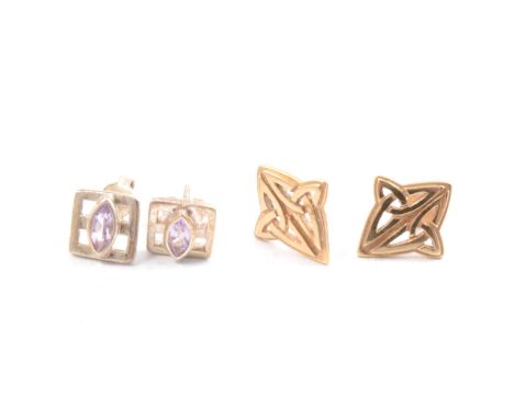 Two pairs of earrings for pierced ears, a pair of 9 carat yellow gold studs in a celtic design, (one butterfly missing), and 