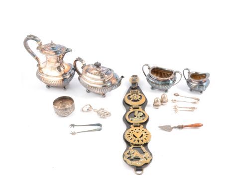 A silver-plated four piece teaset, comprising teapot, hot water jug, sugar bowl and milk jug; a pair of 830 standard acorn co