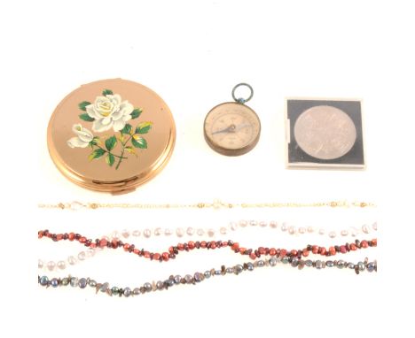 A freshwater and seed pearl necklace with spacers, 130cm, no clasp, three stained pearl necklaces with crystal chips, a Strat