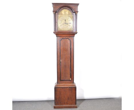 Georgian oak and mahogany longcase clock, 12" arched brass dial, signed W Thompson, Chester, the hood with fluted supports, l