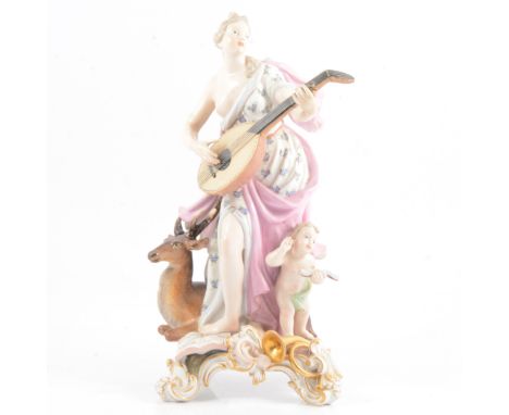 Meissen porcelain allegorical group, ‘Hearing’ from ‘The Senses’, modelled as a maiden playing a lute, with a singing cherub,