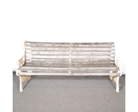 Coalbrookdale type cast iron garden bench, with wooden slats, approximate length 185cm.