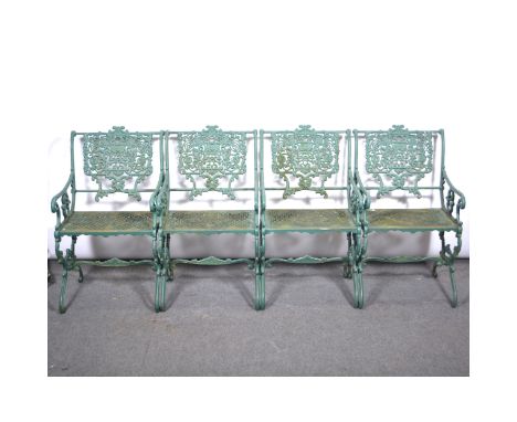 Painted aluminum six-piece patio set, comprising a table, bench seat, length 98cm, and four chairs.