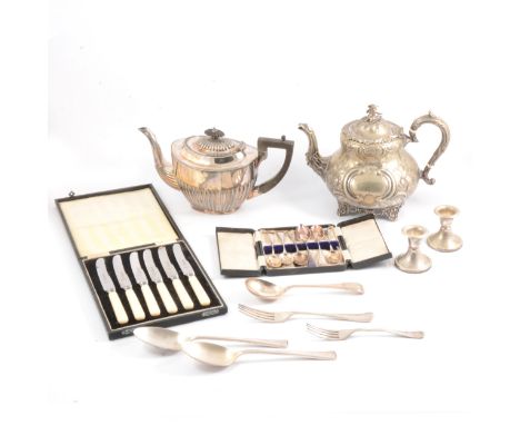 Quantity of silver-plated cutlery by David Mellor for Walker &amp; Hall, Pride pattern; a plated teapot, oval tray; other ite