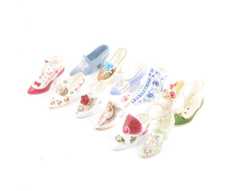 Collection of twenty-three decorative porcelain shoes and fourteen jugs, mostly Royal Worcester.