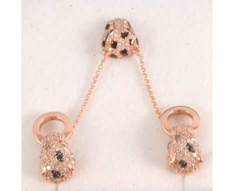 Effy - Panther design rose gold and diamond pendant with similar door knocker earrings, each set with diamonds and emerald ey