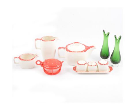 A Midwinter Stylecraft 'Red Domino' pattern part teaset, designed by Jessie Tait, comprising teapot (11cm), cups, saucers, mi