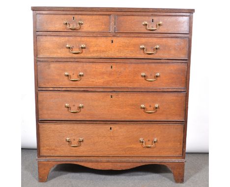 George III oak chest of drawers, rectangular top with reeded edge, two short and four long graduating drawers, shaped apron, 