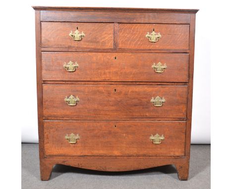 George III oak chest of drawers, rectangular boarded top, two short and three long graduating drawers, shaped apron, bracket 