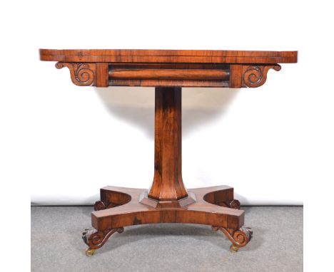 William IV rosewood card table, fold-over top with baize-lined interior, polygonal slightly flared column, incurved platform 