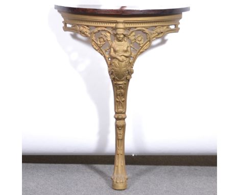 Cast metal console table, gold painted, hardwood demi-lune top, width 58cm, depth 23cm, height 75cm.