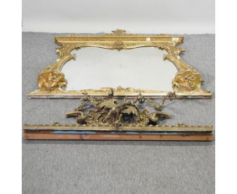 A 19th century gilt over mantel mirror, 110 x 130cm, together with a gilt pediment