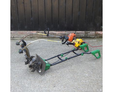 A petrol strimmer, together with another and an electric garden tiller, together with a weather vane 
