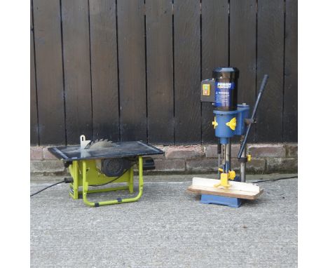 A Power Craft pillar drill, together with a Guild table saw and a belt sander