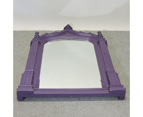 A large purple painted over mantel mirror, 126 x 92cm
