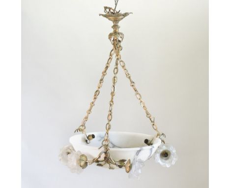 An early 20th century French gilt metal and alabaster ceiling light, with six foliate supports, each with a frosted glass sha