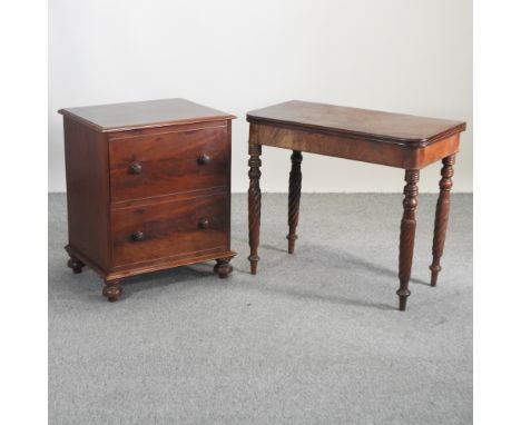 A Regency mahogany D shaped folding card table, on turned legs, 91cm, together with a Victorian mahogany chest commode 