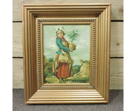 Italian School, portrait of a girl carrying a pot plant, oil on board, 24 x 18cm