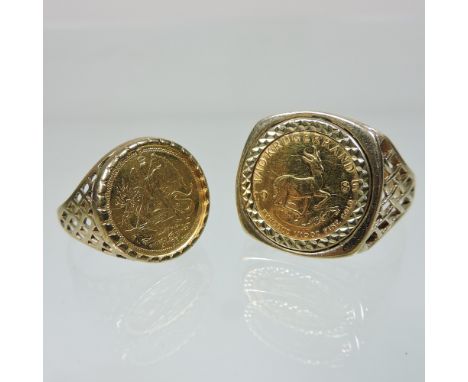 A 9 carat gold ring, set with a 1/10 krugerrand, dated 1985, together with a 9 carat gold ring set with a Queen Elizabeth II 