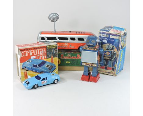 A 1970's Japanese battery operated Video toy robot, boxed, 24cm high, together with SoniconBus, boxed and a 1960's Computer C