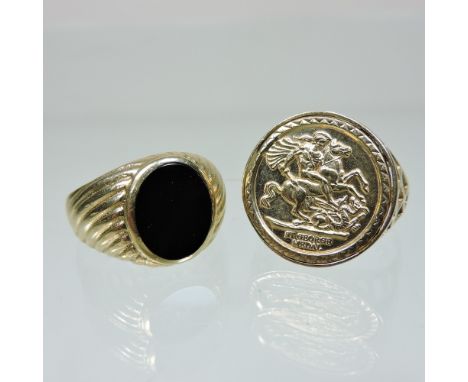 A gentleman's 9 carat gold and black onyx signet ring, together with a 9 carat gold St George signet ring (2)