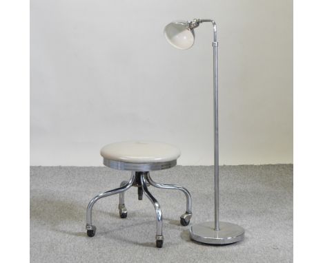 A chrome angle poise lamp, together with a modern chrome stool 