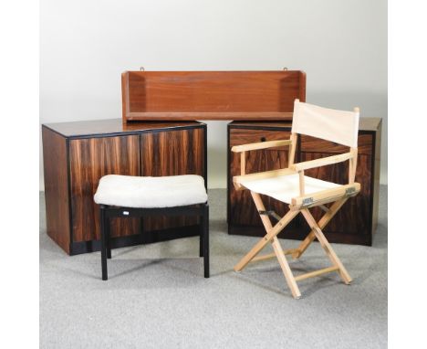 A pair of hardwood cabinets, 85cm, together with a wall shelf, a folding chair and a stool (5)