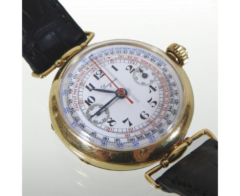 A 1920's Longines 18 carat gold cased chronograph wristwatch, the white circular dial with Arabic hours and two subsidiary di