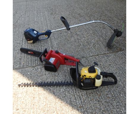 A petrol strimmer, together with an electric chainsaw and a hedge trimmer