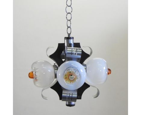 A mid 20th century metal ceiling light, with opaque glass shades, 44cm high