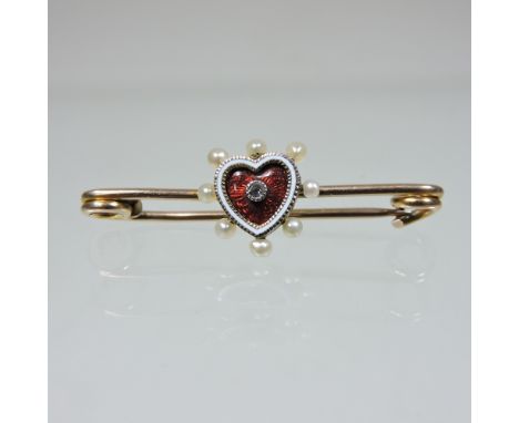 An unmarked heart shaped red enamel, seed pearl and diamond set bar brooch, 4cm wide