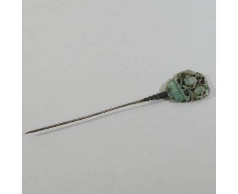 A Chinese carved jade mounted hairpin